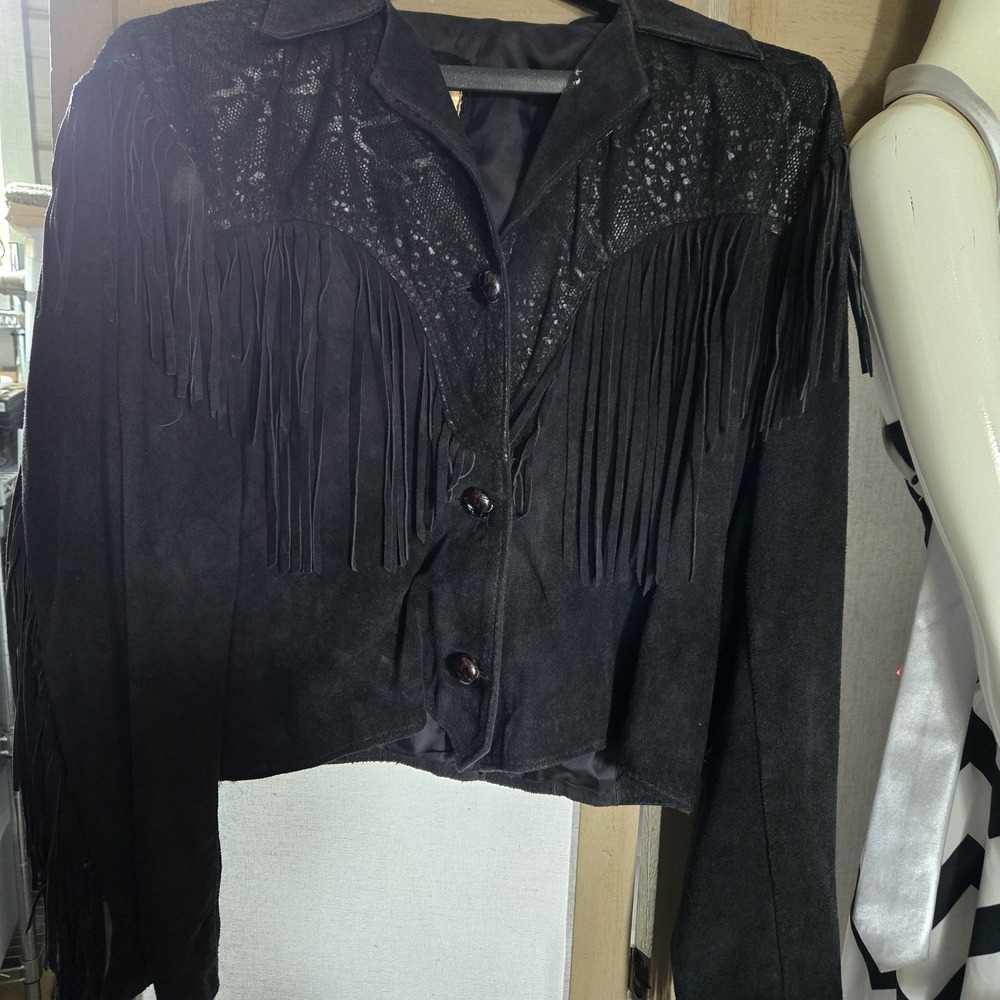 Vtg Fringe Suede Black Cropped Jacket L Made In Mexico Leather